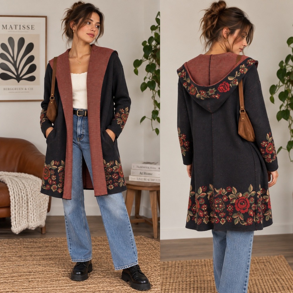 MaxSport Womens XL Hooded Open Front Cardigan Black Red Floral Wool Blend Duster